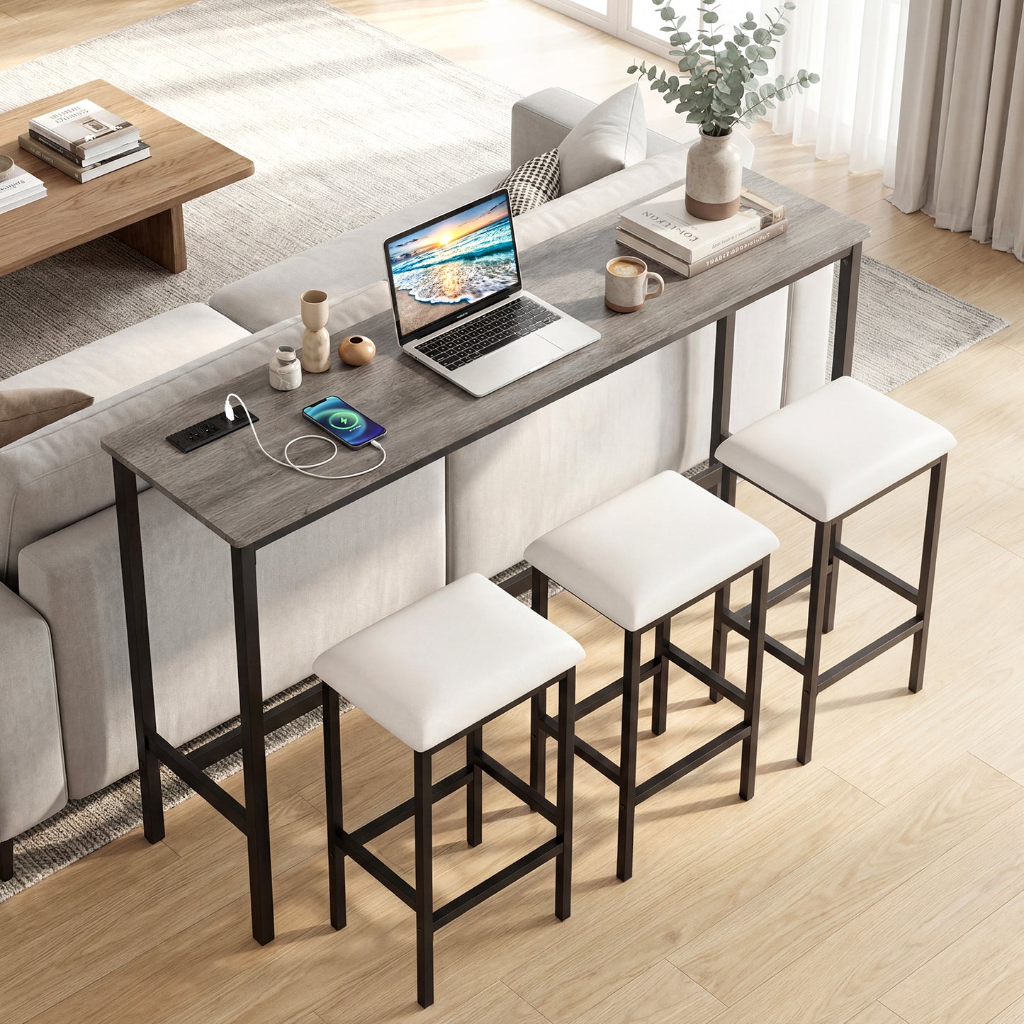 4-Piece Counter Height Bar Table With Power Outlet, 3 Padded Stools, Gray Dining Room Sets at Gallery Canada