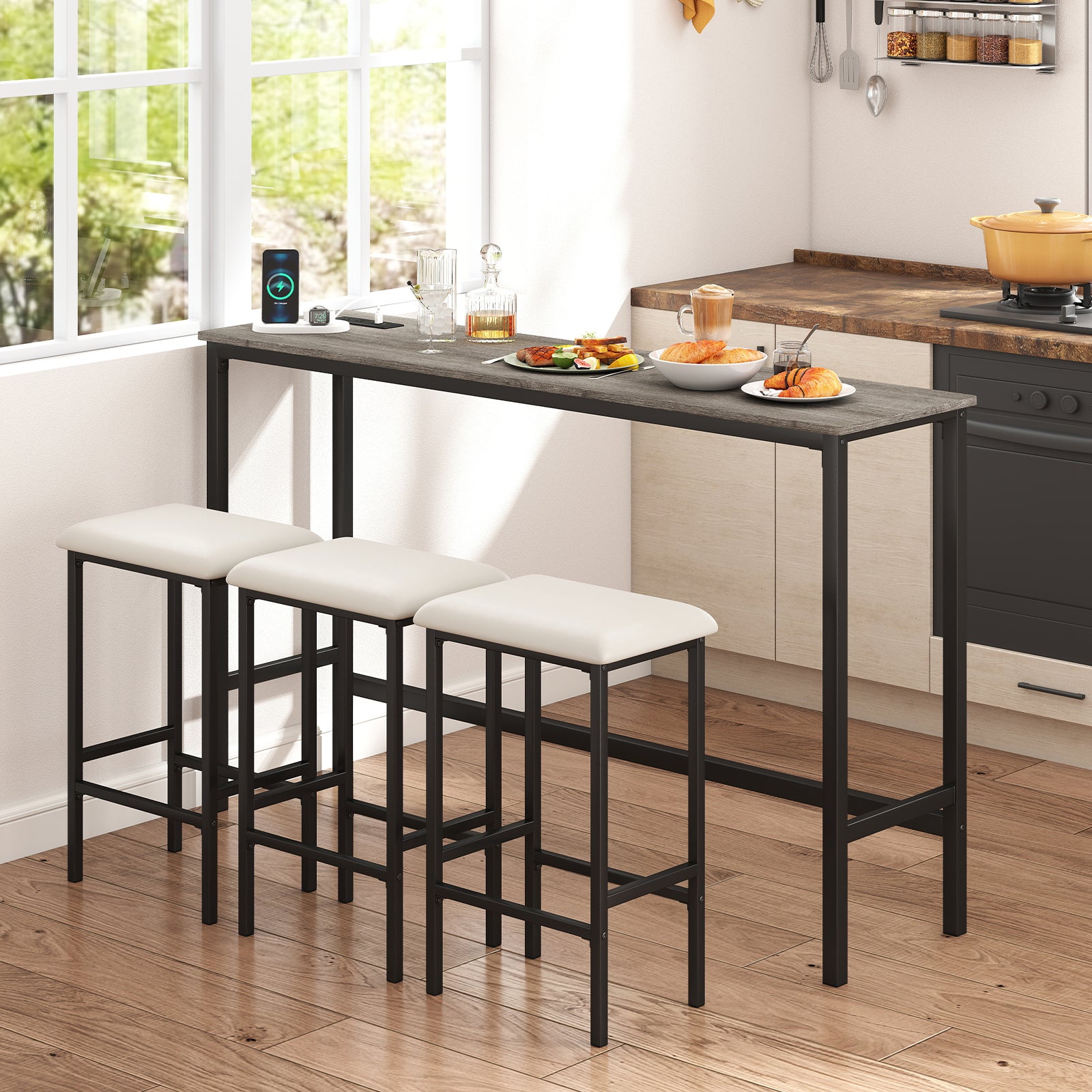 4-Piece Counter Height Bar Table With Power Outlet, 3 Padded Stools, Gray Dining Room Sets at Gallery Canada