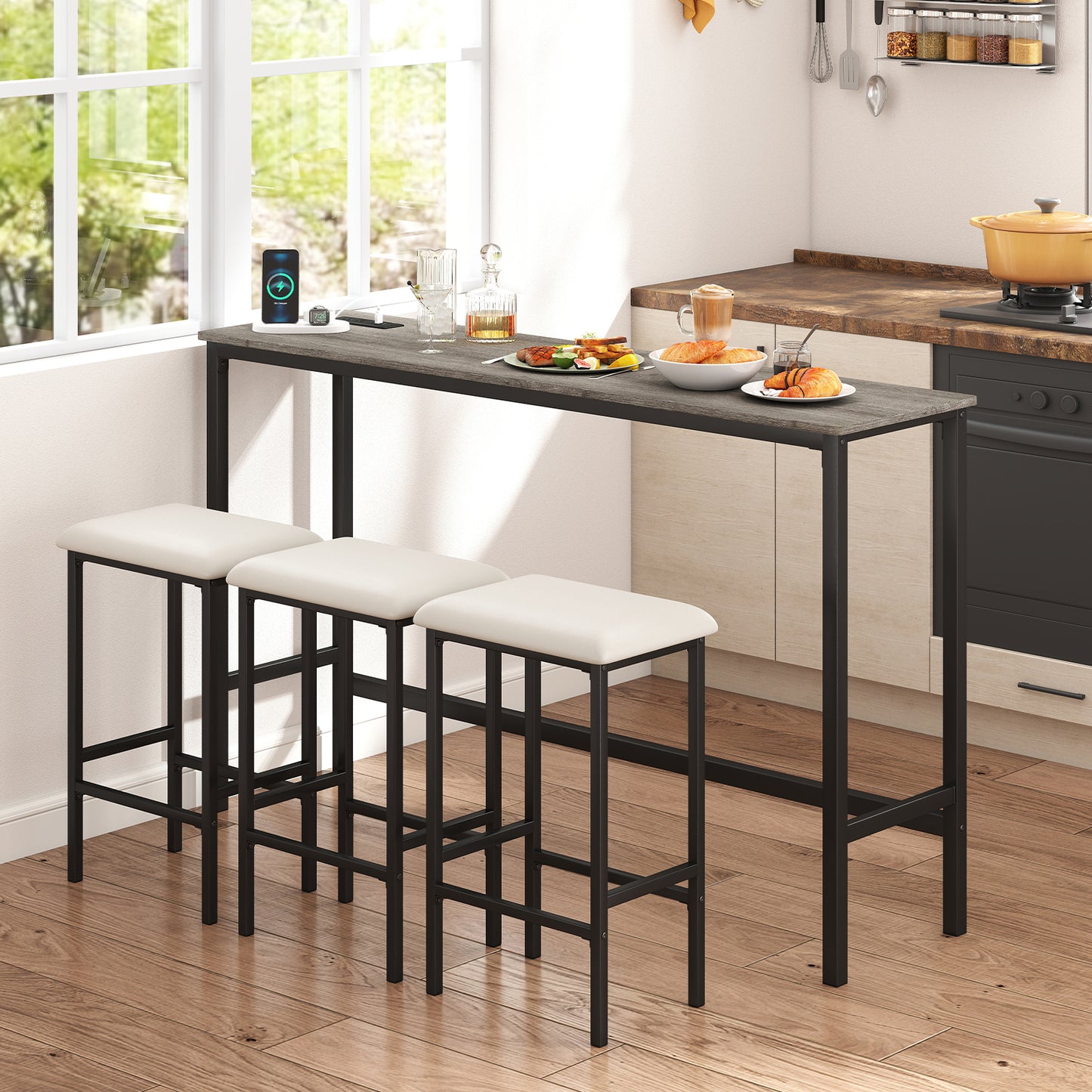 4-Piece Counter Height Bar Table With Power Outlet, 3 Padded Stools, Gray Dining Room Sets at Gallery Canada