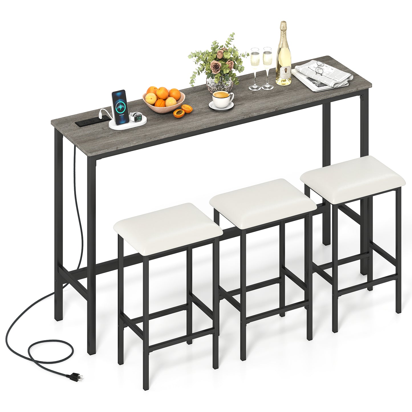 4-Piece Counter Height Bar Table With Power Outlet, 3 Padded Stools, Gray Dining Room Sets at Gallery Canada