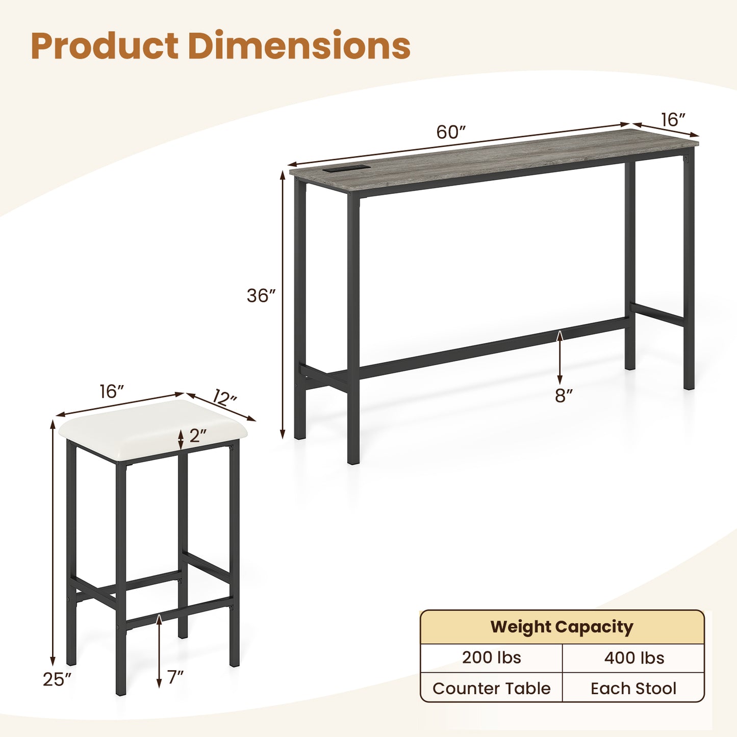 4-Piece Counter Height Bar Table With Power Outlet, 3 Padded Stools, Gray Dining Room Sets at Gallery Canada