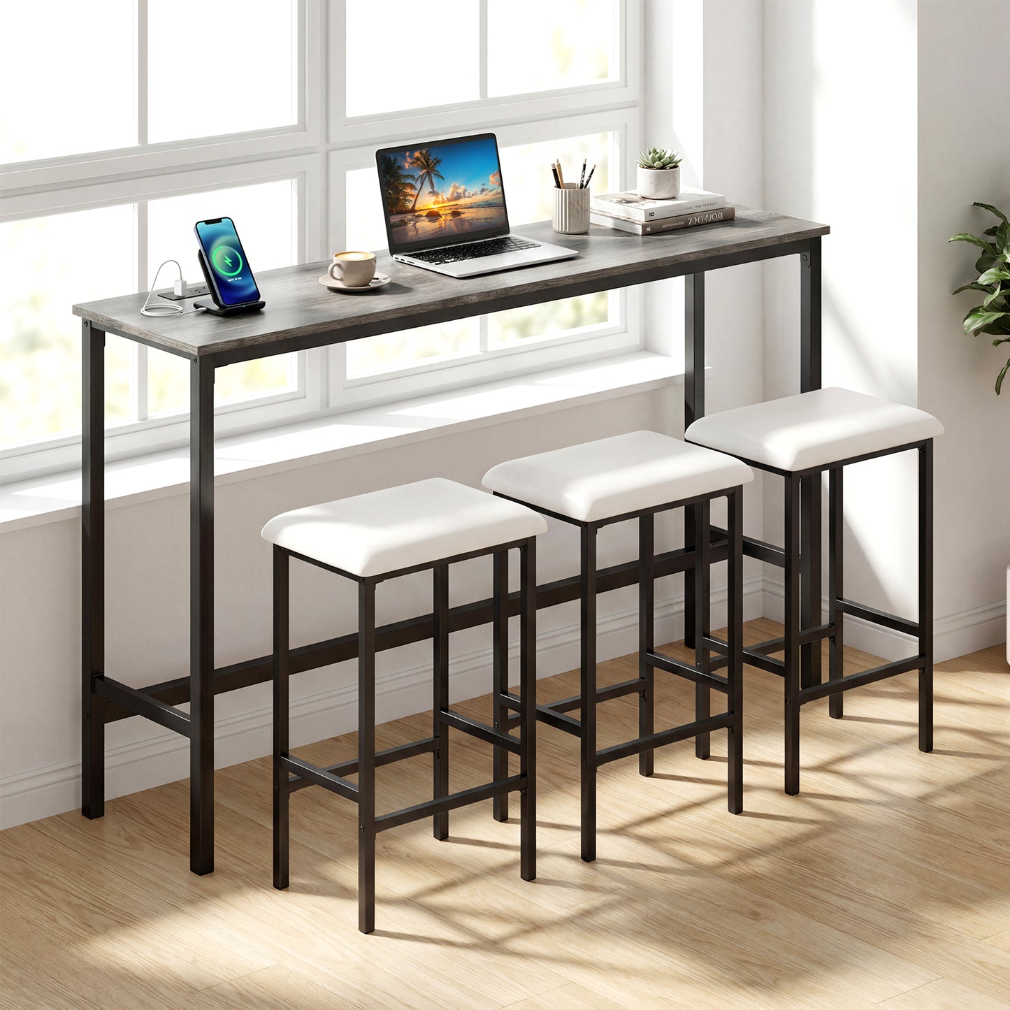 4-Piece Counter Height Bar Table With Power Outlet, 3 Padded Stools, Gray Dining Room Sets at Gallery Canada