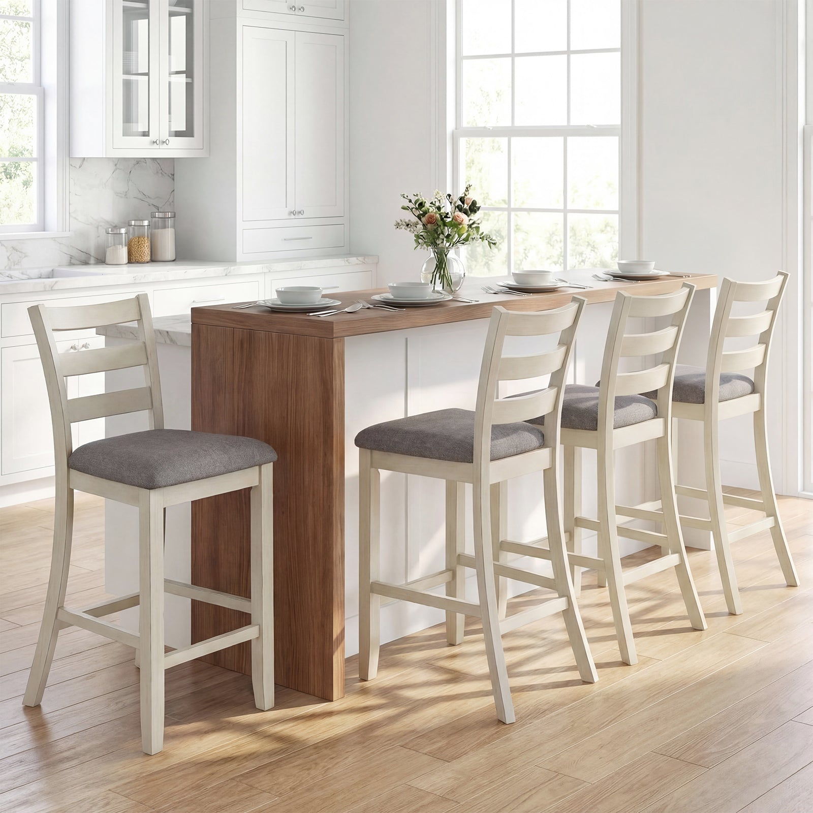 4 Counter Height Chairs, Fabric Seat, Rubber Wood Legs, Beige Bar Stools at Gallery Canada