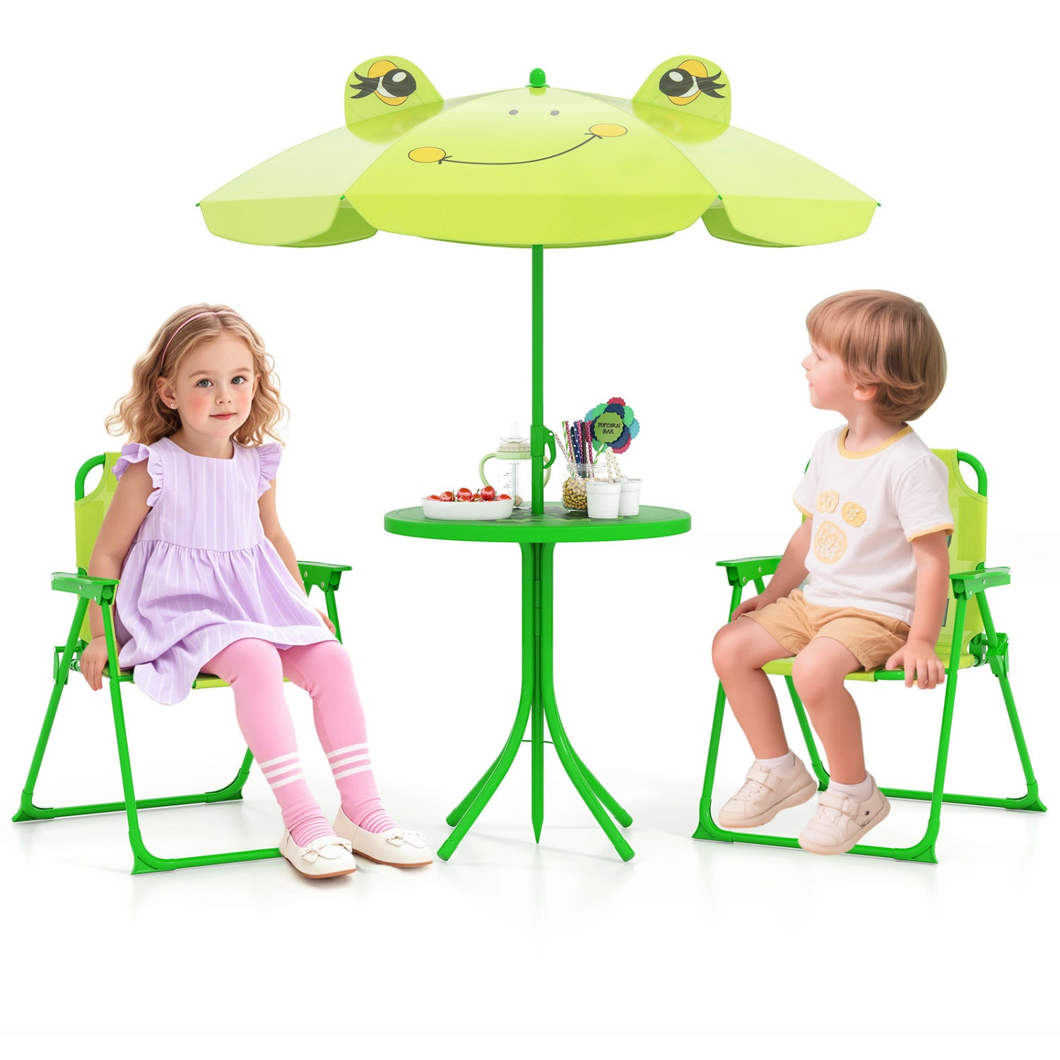 Kids Picnic Set, 2 Folding Chairs, Adjustable Umbrella, Light Green Kids Table & Chair Sets at Gallery Canada