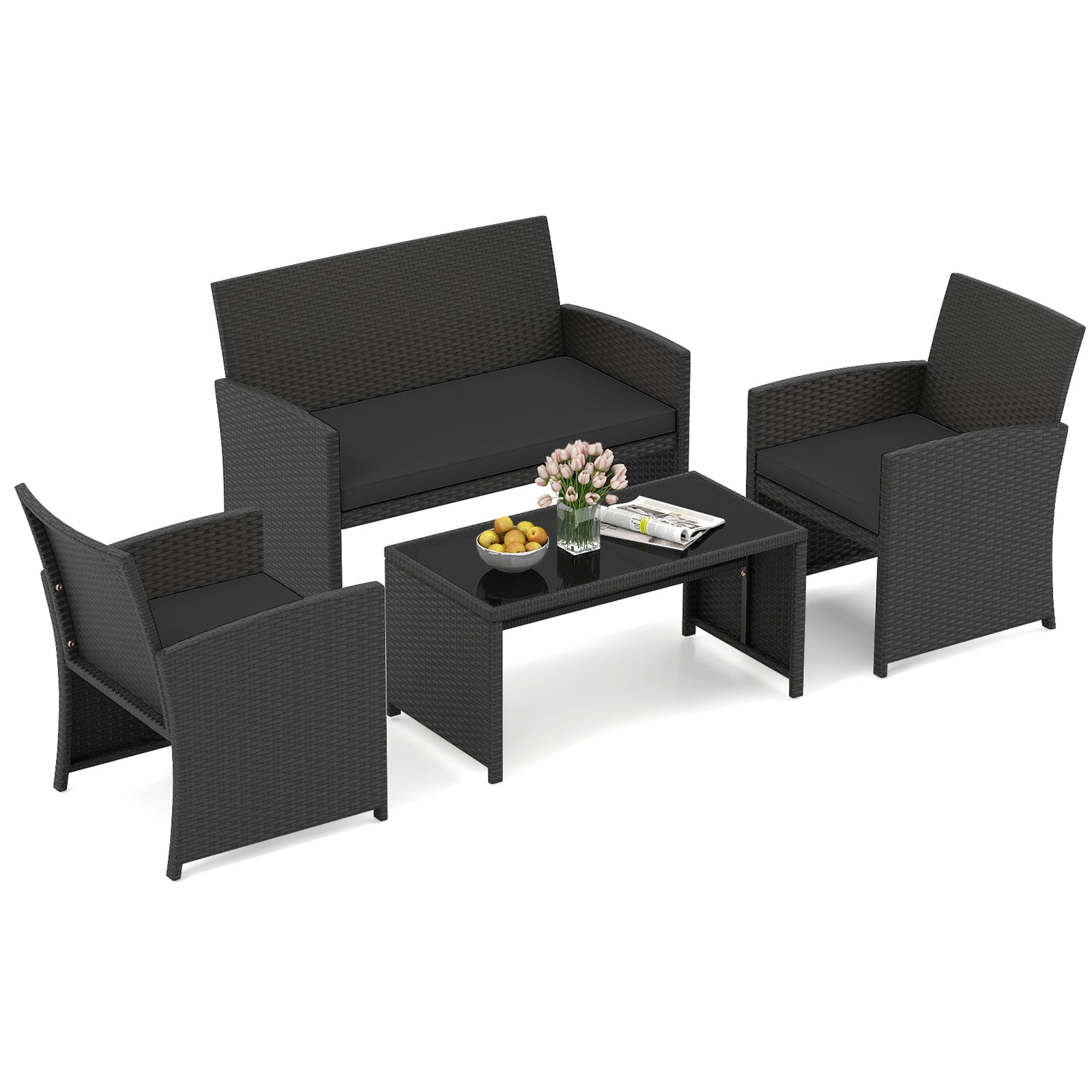 4-Piece Patio Set, Tempered Glass Tabletop, Removable Cushion, Black Patio Conversation Sets Black at Gallery Canada
