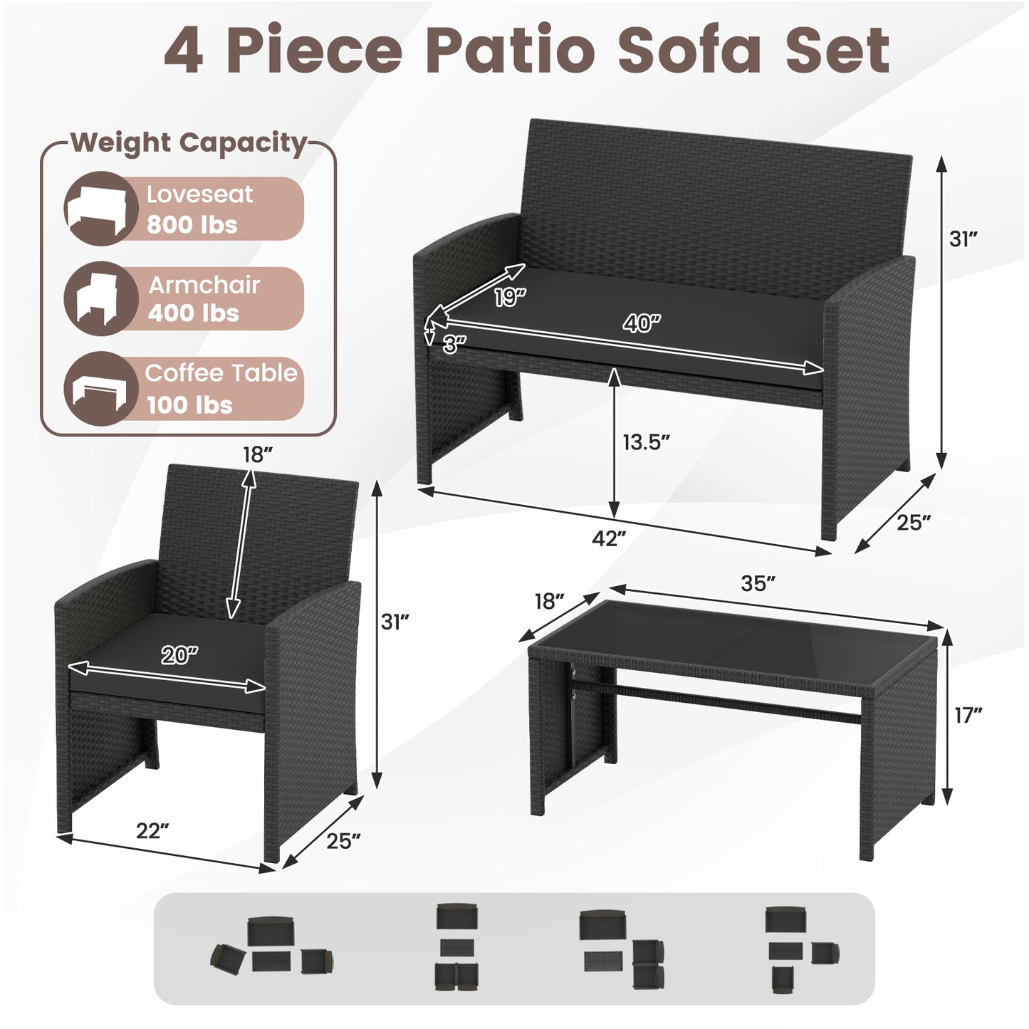 4-Piece Patio Set, Tempered Glass Tabletop, Removable Cushion, Black Patio Conversation Sets at Gallery Canada