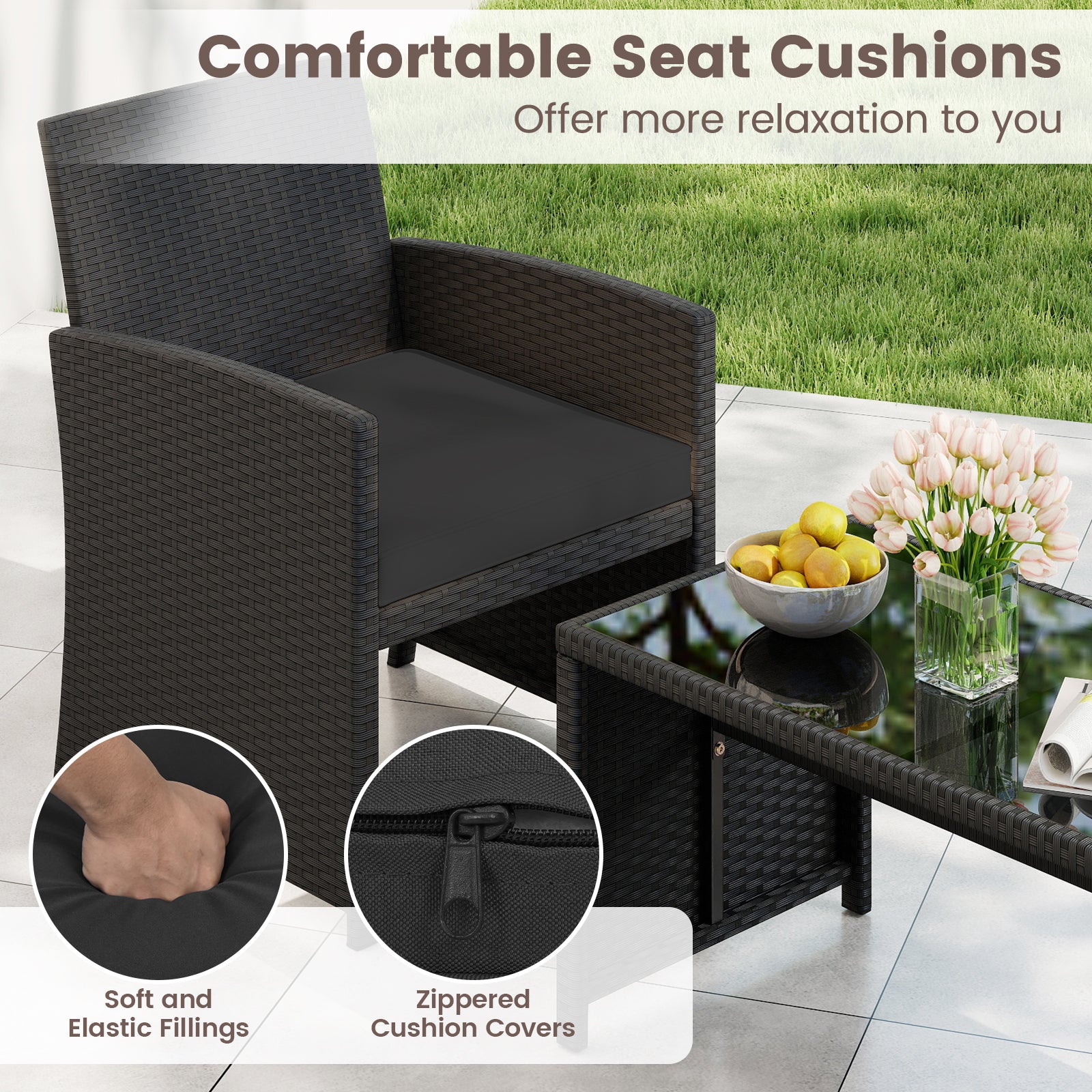 4-Piece Patio Set, Tempered Glass Tabletop, Removable Cushion, Black Patio Conversation Sets at Gallery Canada