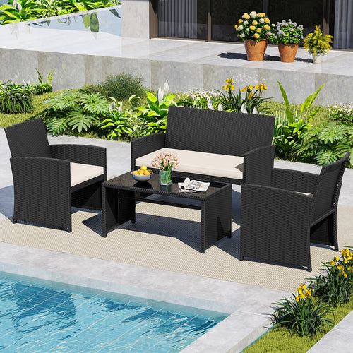 4 Piece Patio Furniture Set, Tempered Glass Tabletop, Removable Cushion, White