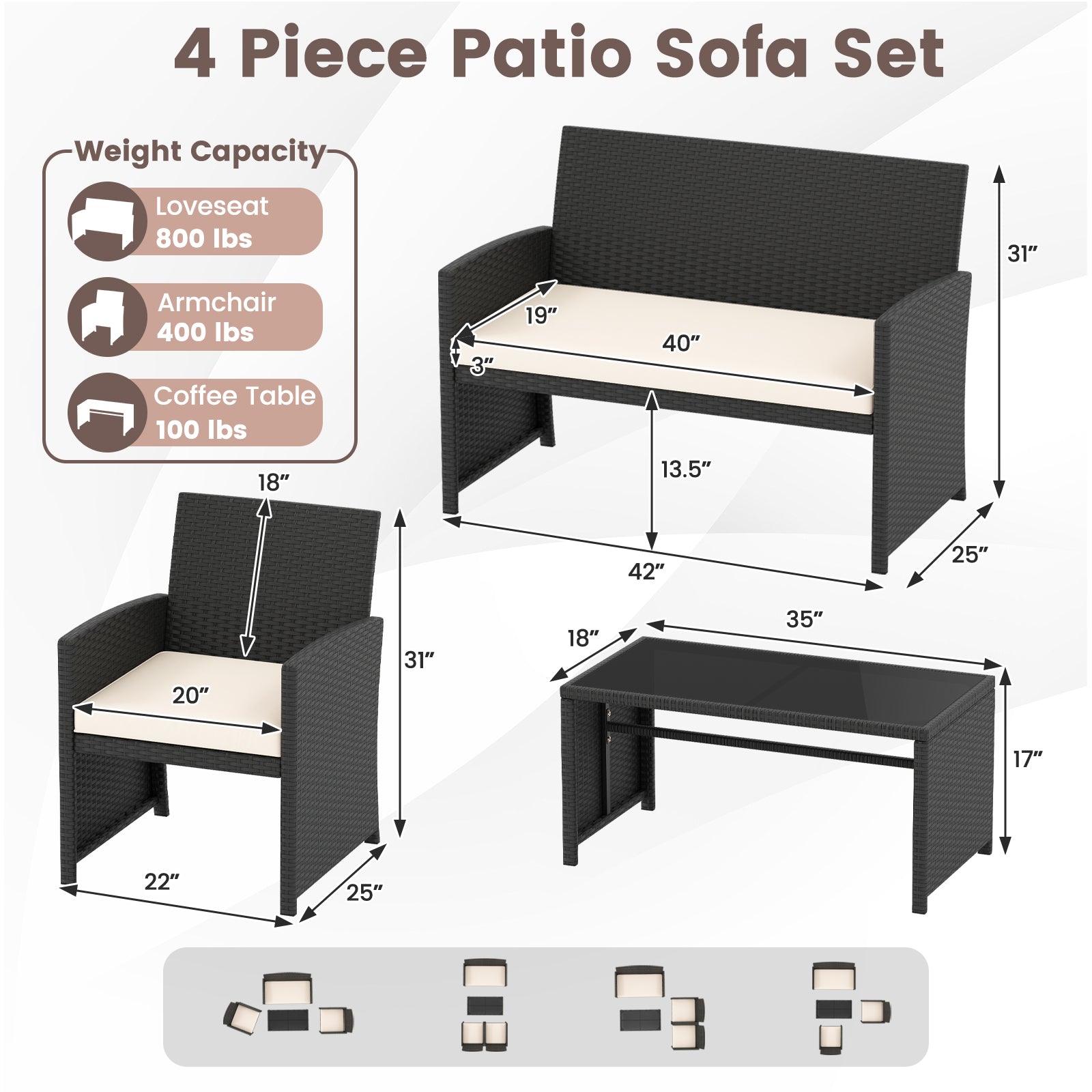 4 Piece Patio Furniture Set, Tempered Glass Tabletop, Removable Cushion, White Patio Conversation Sets at Gallery Canada