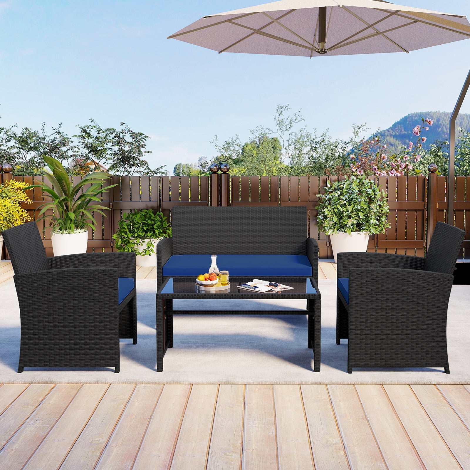 4 Piece Patio Set, Tempered Glass Tabletop, Removable Cushion, Navy Patio Conversation Sets at Gallery Canada