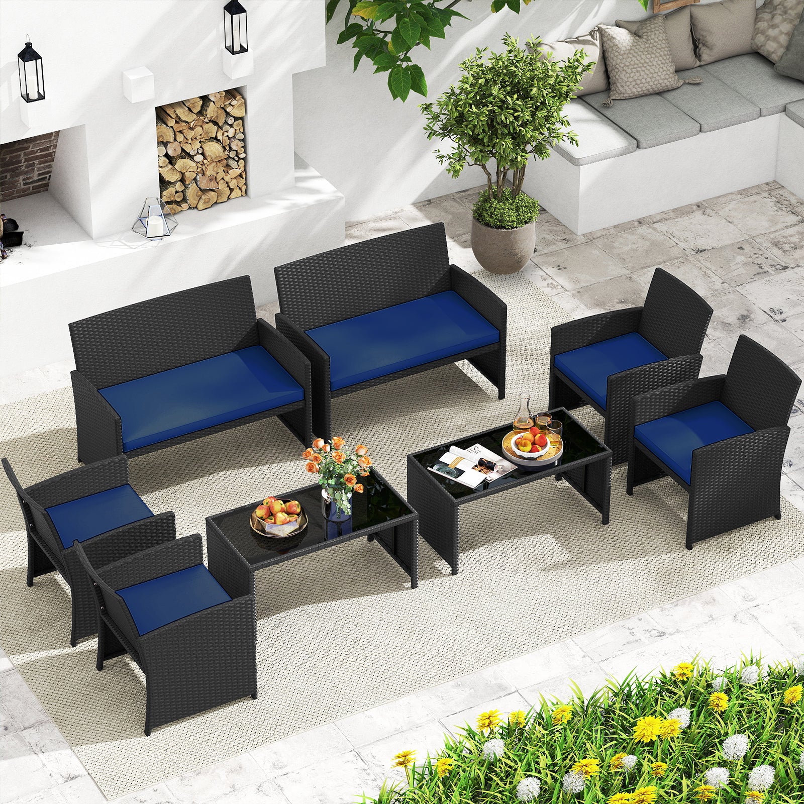 4 Piece Patio Set, Tempered Glass Tabletop, Removable Cushion, Navy Patio Conversation Sets at Gallery Canada