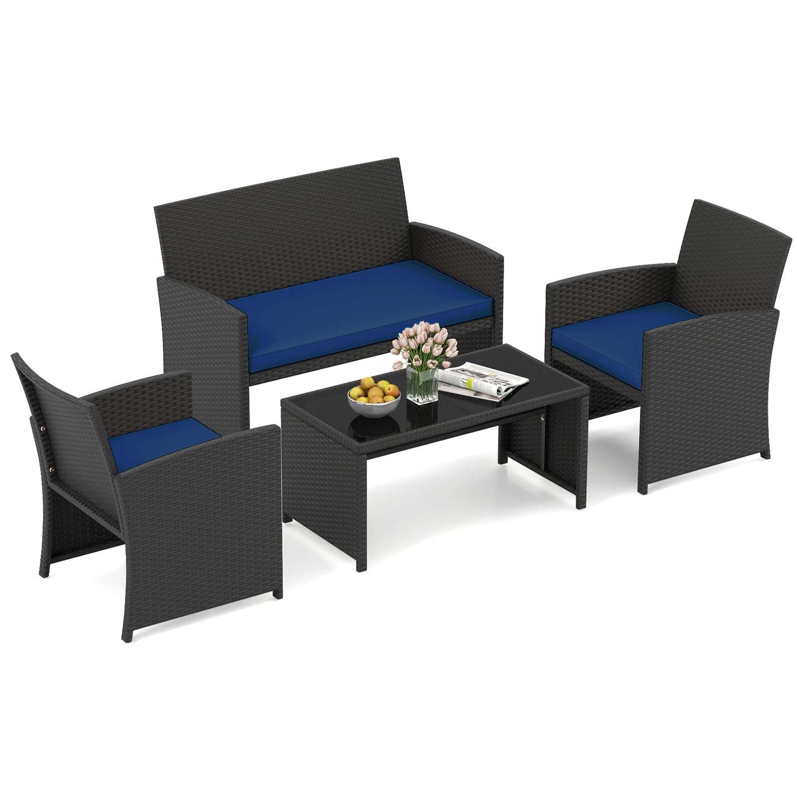 4 Piece Patio Set, Tempered Glass Tabletop, Removable Cushion, Navy Patio Conversation Sets at Gallery Canada