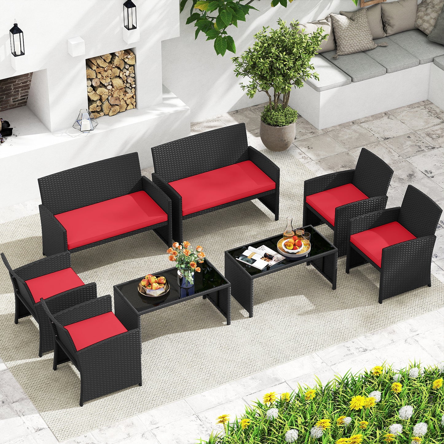 4 Piece Patio Furniture Set, Tempered Glass Tabletop, Removable Cushion, Red Patio Conversation Sets at Gallery Canada