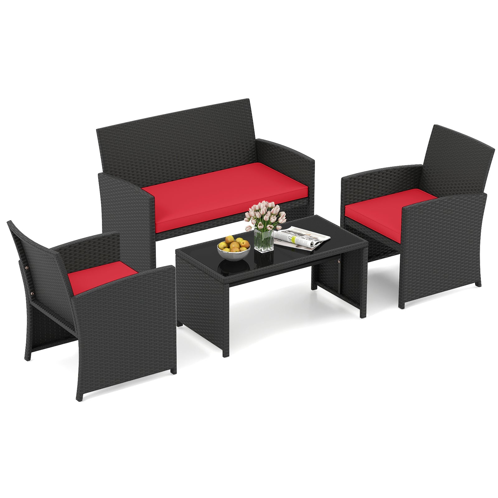 4 Piece Patio Furniture Set, Tempered Glass Tabletop, Removable Cushion, Red Patio Conversation Sets at Gallery Canada