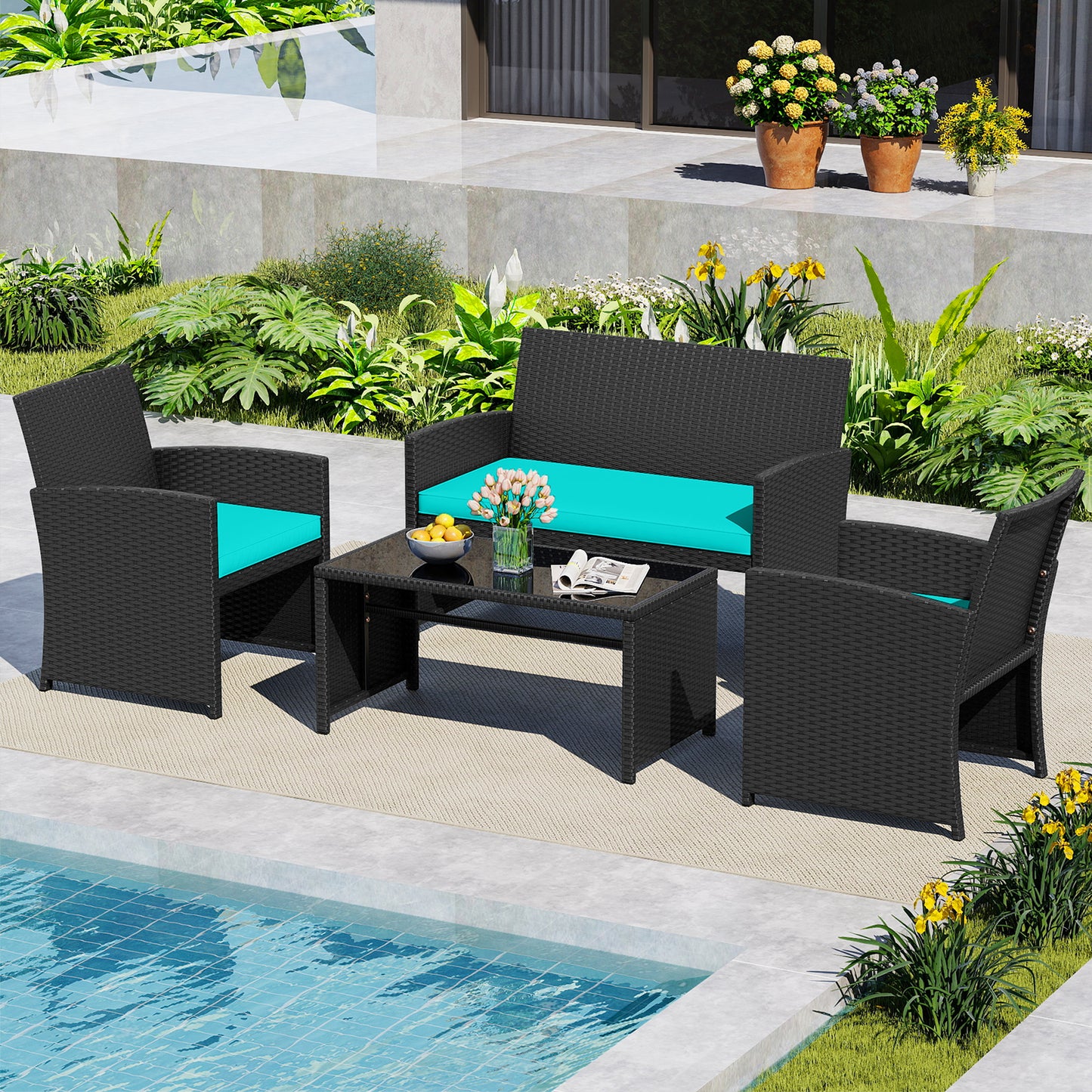 4 Piece Patio Set, Tempered Glass Tabletop, Removable Cushion, Turquoise Patio Conversation Sets at Gallery Canada