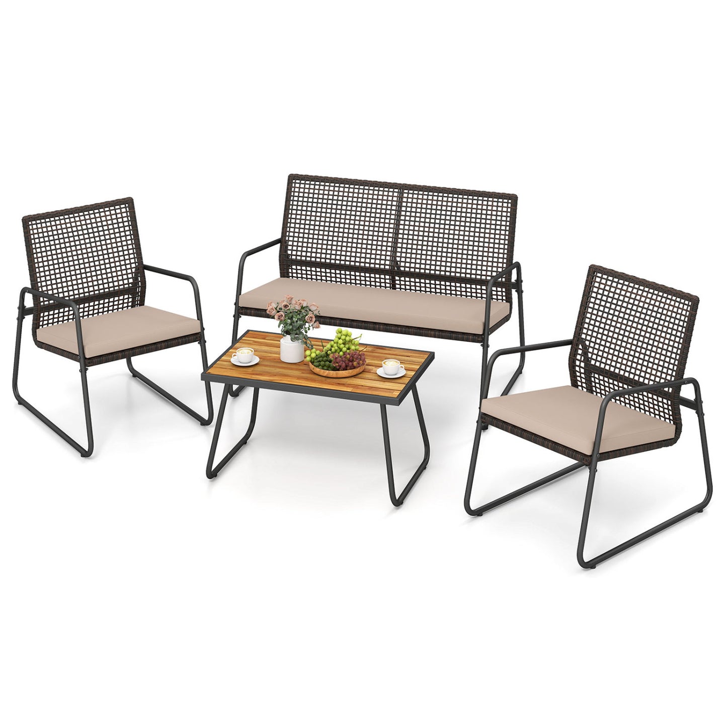 4 Pieces Patio Furniture Set with Acacia Wood Coffee Table and Zippered Cushions-Mix Brown, Brown Patio Furniture Sets at Gallery Canada