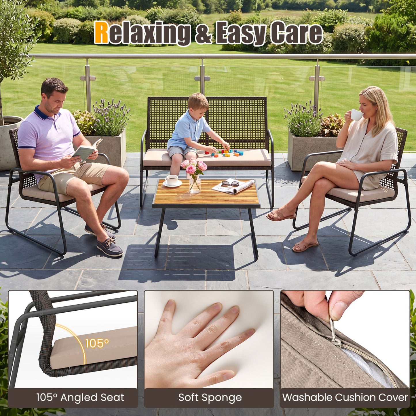 4 Pieces Patio Furniture Set with Acacia Wood Coffee Table and Zippered Cushions-Mix Brown, Brown Patio Furniture Sets at Gallery Canada
