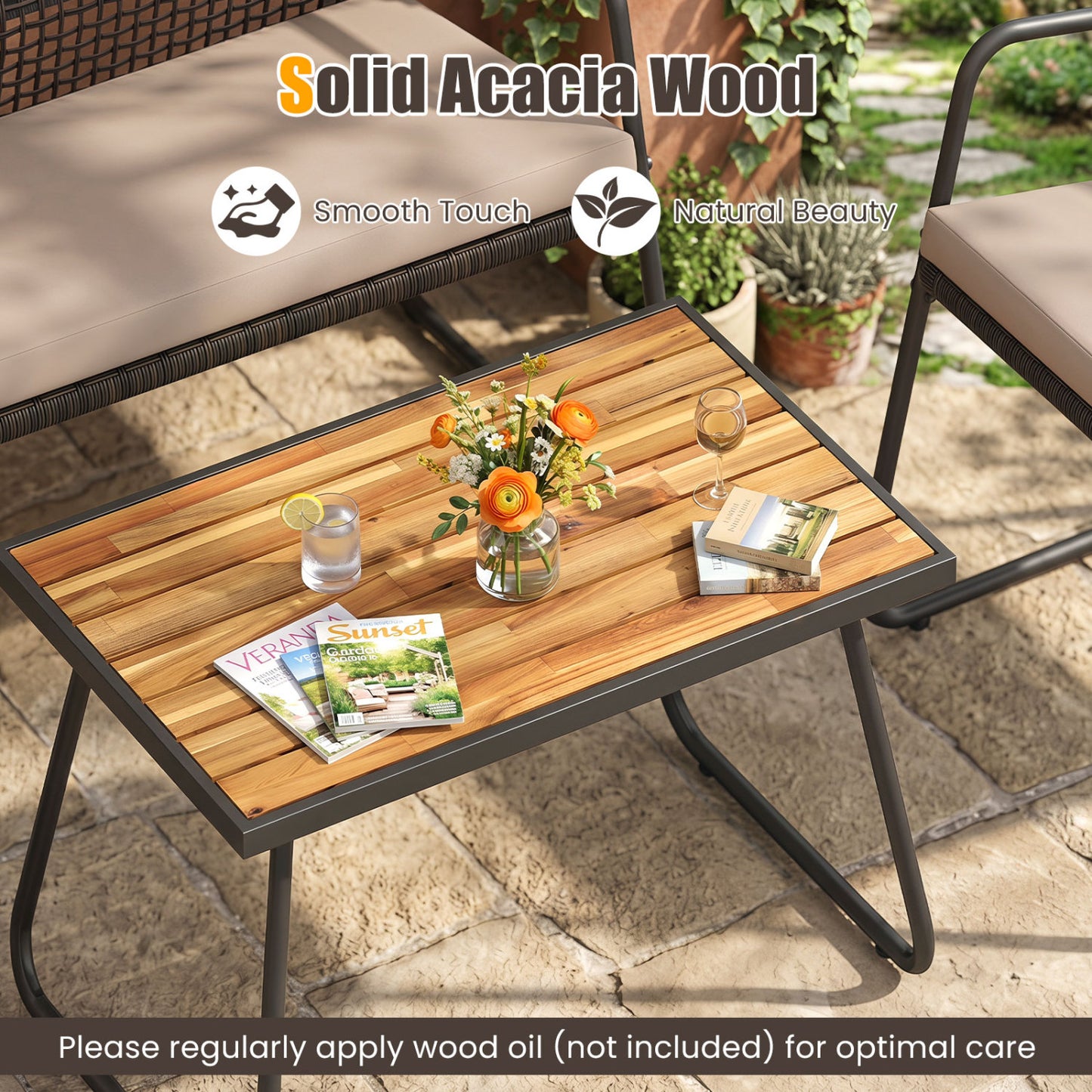 4 Pieces Patio Furniture Set with Acacia Wood Coffee Table and Zippered Cushions-Mix Brown, Brown Patio Furniture Sets at Gallery Canada