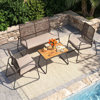 4 Pieces Patio Furniture Set with Acacia Wood Coffee Table and Zippered Cushions-Mix Brown, Brown Patio Furniture Sets at Gallery Canada