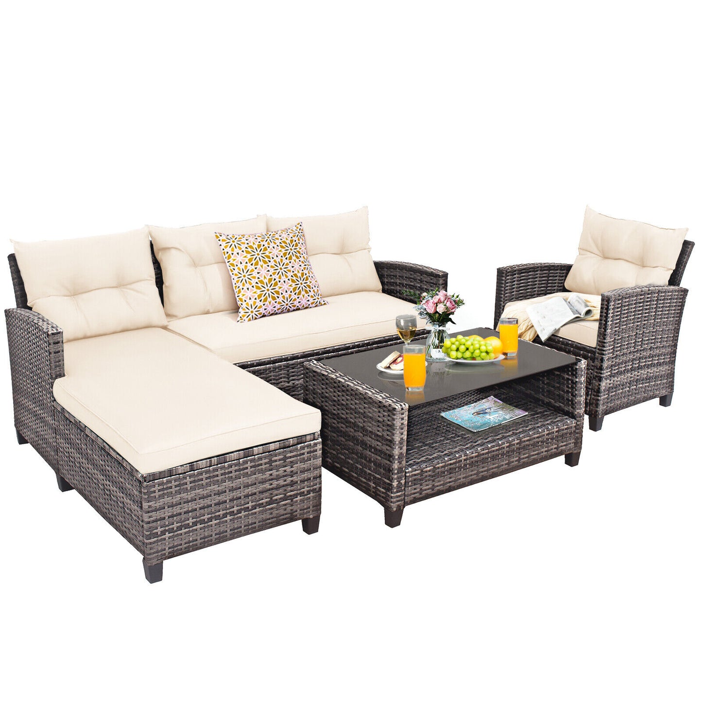 Patio Rattan Furniture Set, 4 Pieces, With Cushion And Table Shelf, Off White Outdoor Sectionals Off White at Gallery Canada
