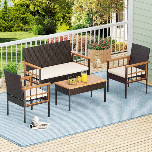4-Piece Wicker Furniture Set, Acacia Wood Tabletop, White