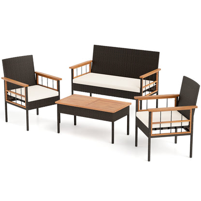 4-Piece Wicker Furniture Set, Acacia Wood Tabletop, White Patio Conversation Sets at Gallery Canada