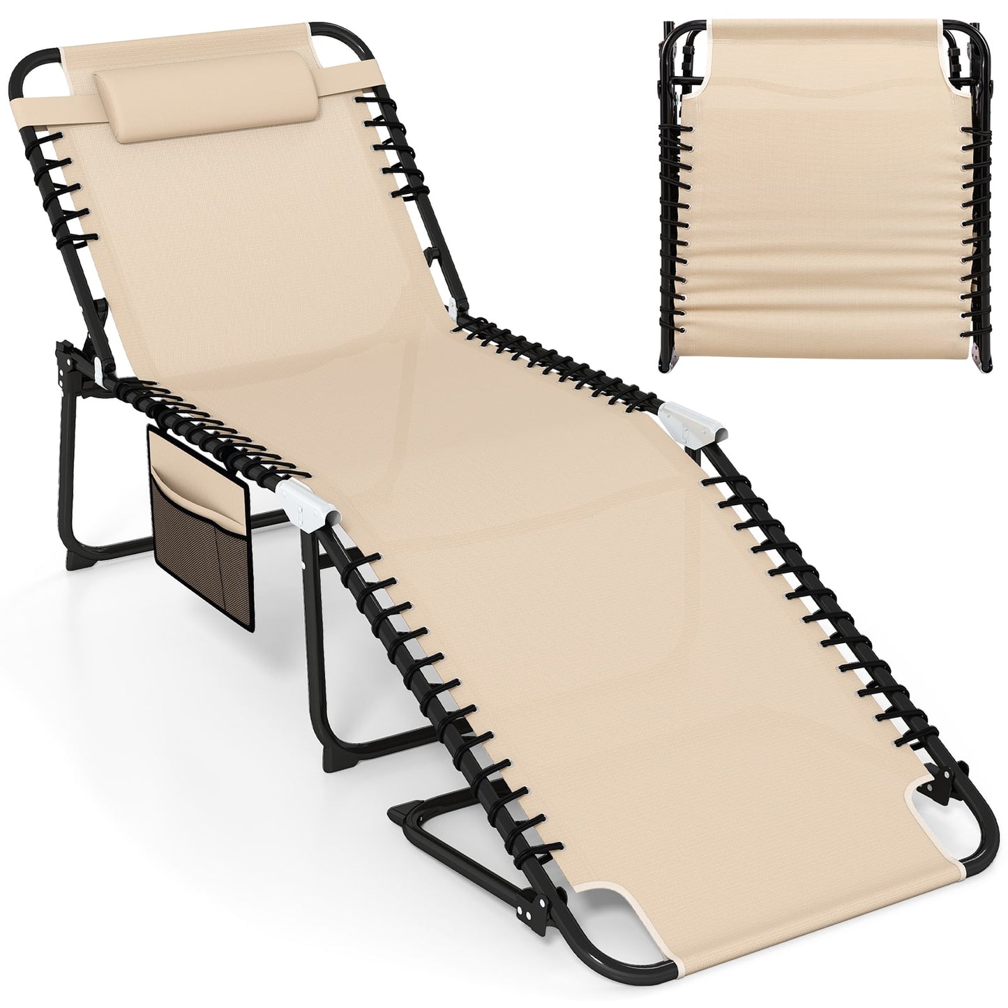 4 Position Folding Chaise, Adjustable Backrest, Footrest, Beige Outdoor Chaise Lounges Beige at Gallery Canada