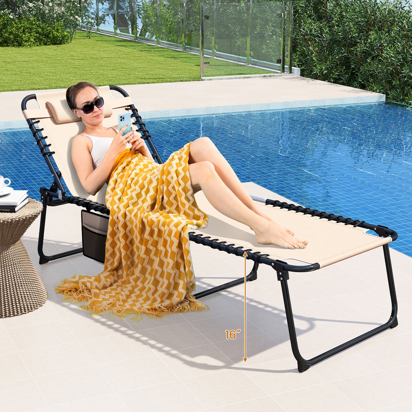 4 Position Folding Chaise, Adjustable Backrest, Footrest, Beige Outdoor Chaise Lounges at Gallery Canada