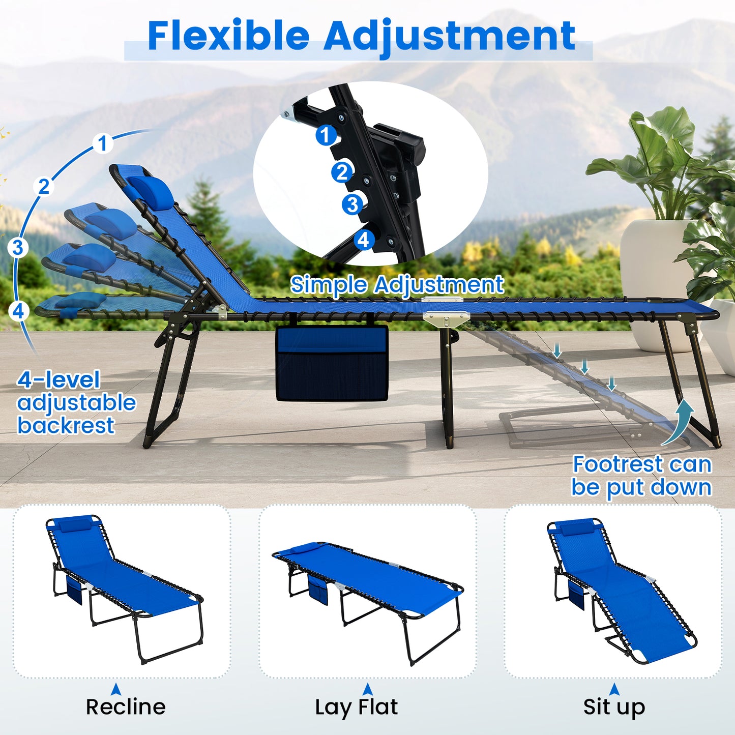 4 Position Folding Chaise, Adjustable Backrest, Footrest, Navy Outdoor Chaise Lounges at Gallery Canada