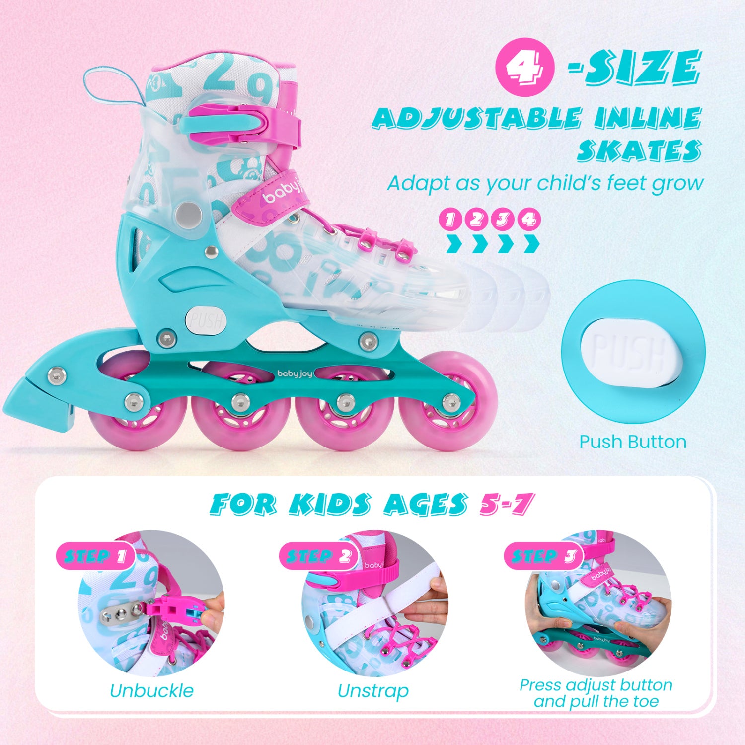 Adjustable Kids Inline Skates, 4-Size, Blue And Pink Toy Sports at Gallery Canada