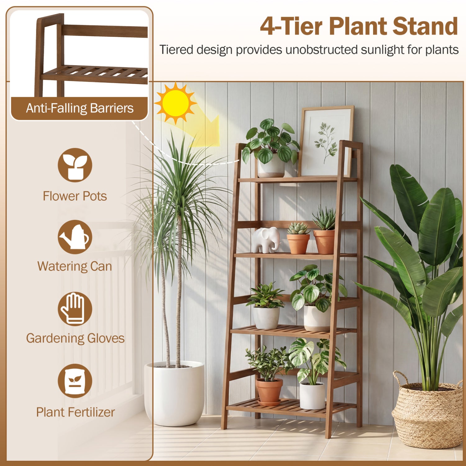 4-Tier Bamboo Plant Rack With Guardrails, Walnut Plant Stands at Gallery Canada