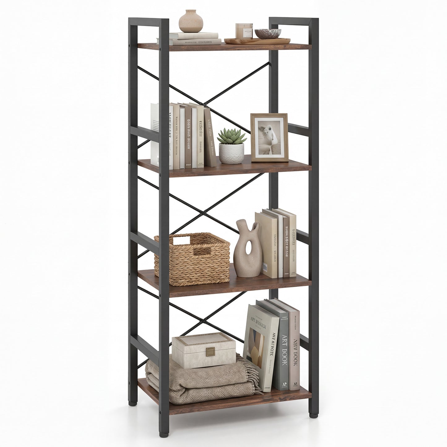 4-Tier Narrow Bookshelf, Freestanding, Metal Frame, Rustic Brown Bookcases Rustic Brown at Gallery Canada