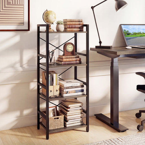 4-Tier Narrow Bookshelf with Metal Frame, Oak