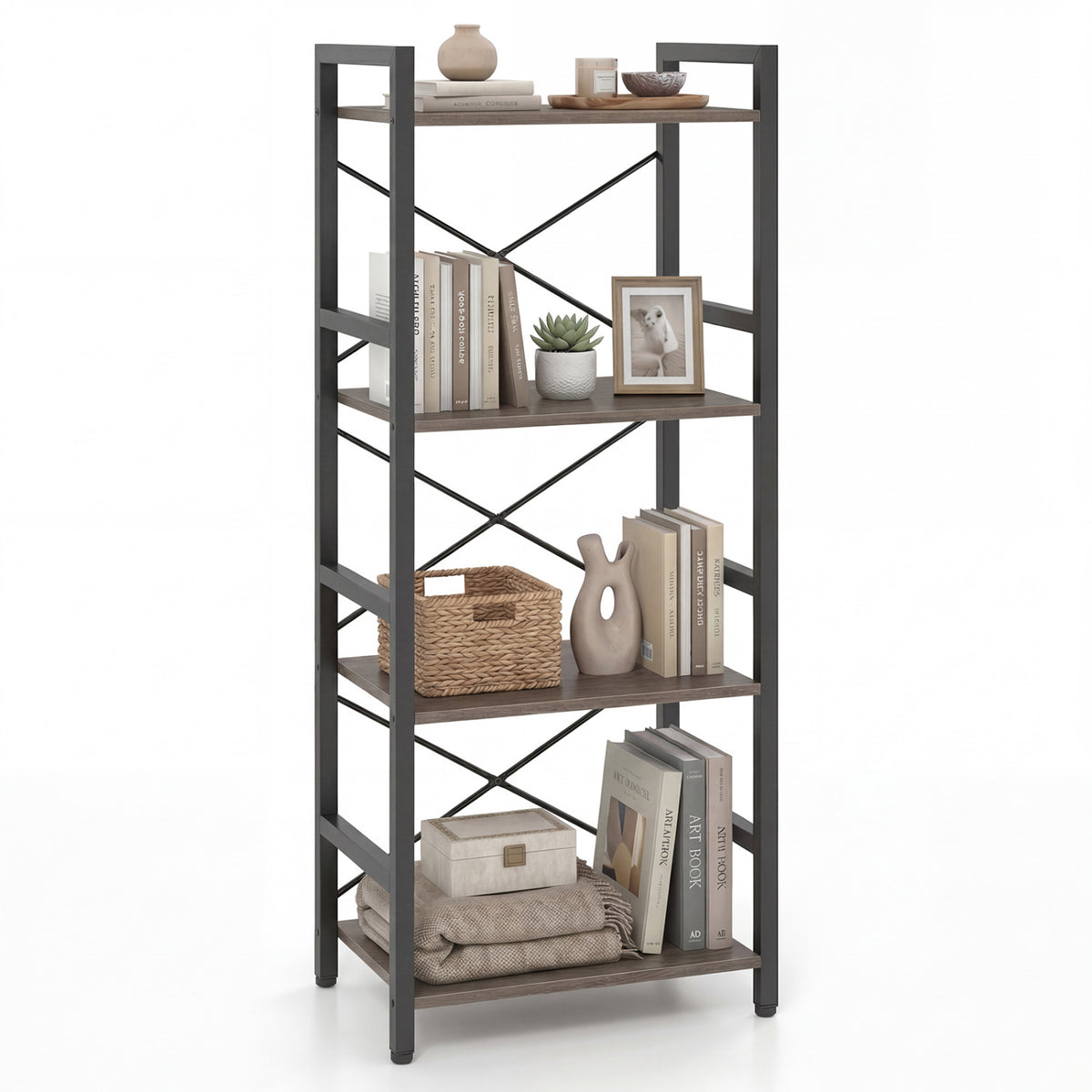 4-Tier Narrow Bookshelf with Metal Frame, Oak Bookcases at Gallery Canada