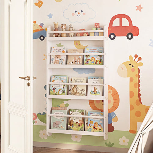 4-Tier Bookshelf Organizer for Toys and Books with Basswood Crossbar, White