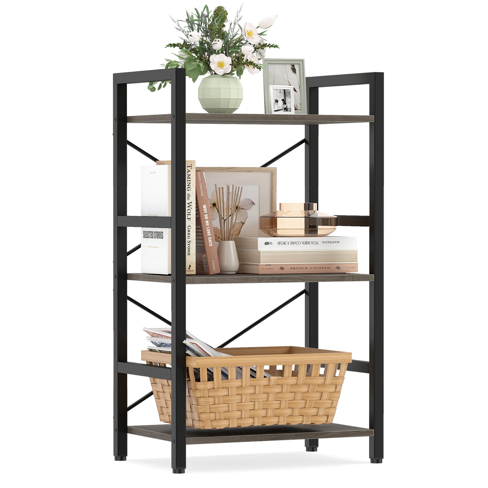 4-Tier Bookshelf, Metal Frame, Wooden Racks, For Study, Oak Bookcases at Gallery Canada