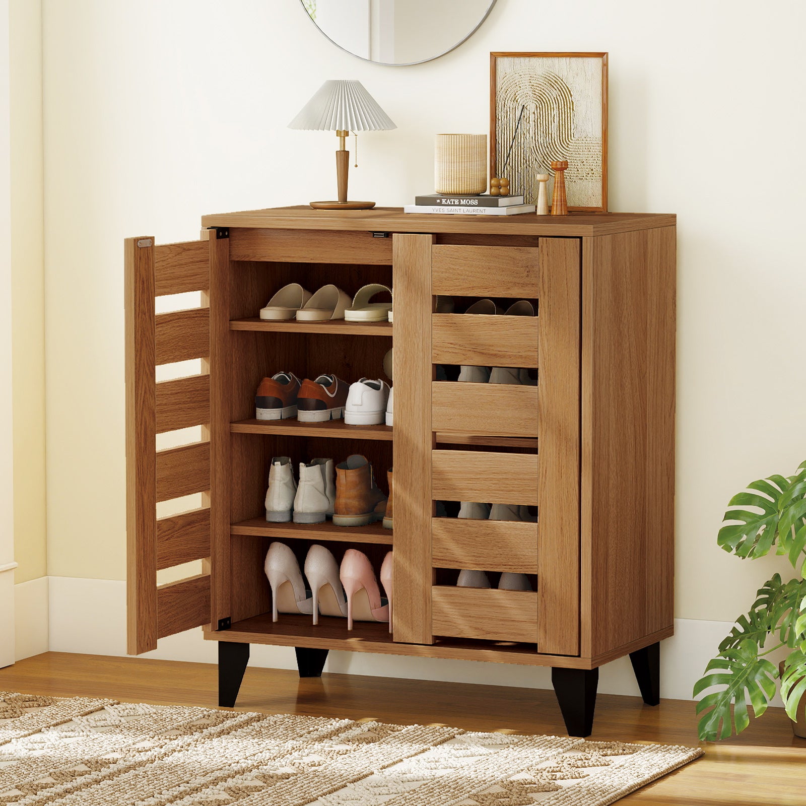 4-Tier Farmhouse Shoe Organizer with Louvered Door, Natural Shoe Racks & Storage Benches at Gallery Canada