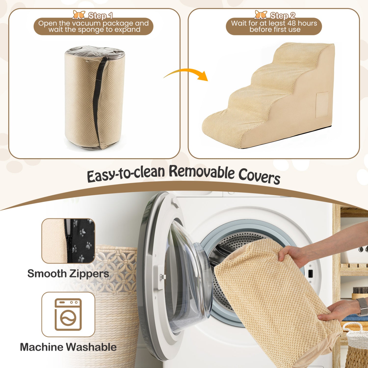 4-Tier Foam Dog Steps With Washable Cover, Beige Dog Supplies at Gallery Canada