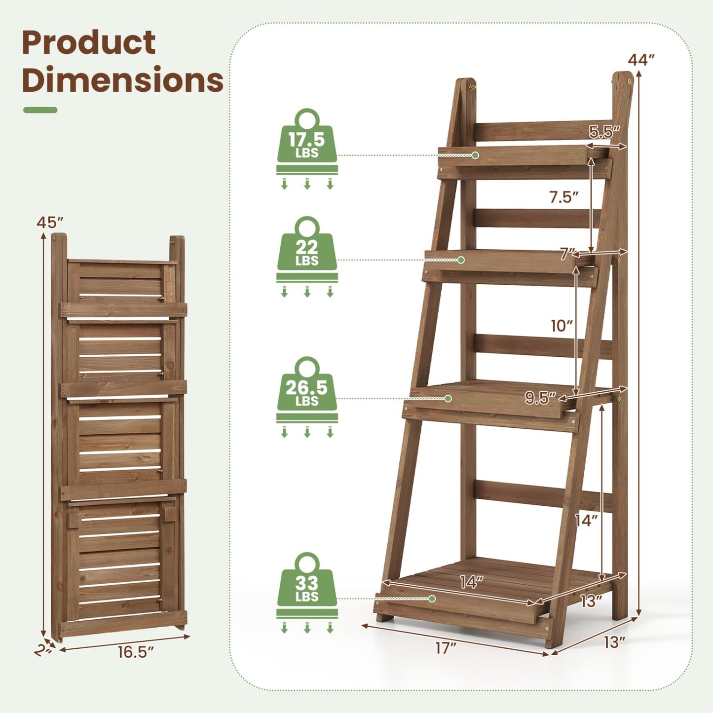 Foldable Plant Stand, 4-Tier Slatted Shelves, Brown
