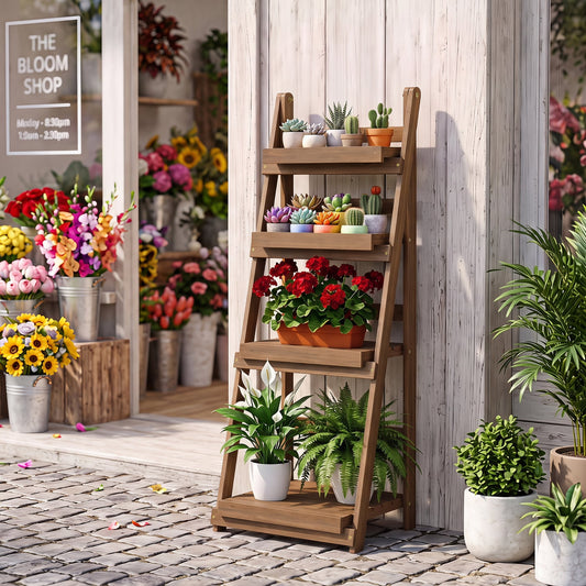 Foldable Plant Stand, 4-Tier Slatted Shelves, Brown Plant Stands Brown at Gallery Canada
