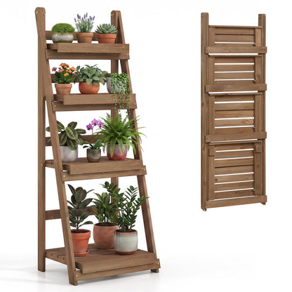 Foldable Plant Stand, 4-Tier Slatted Shelves, Brown
