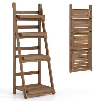 Foldable Plant Stand, 4-Tier Slatted Shelves, Brown