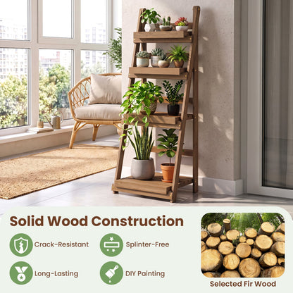 Foldable Plant Stand, 4-Tier Slatted Shelves, Brown