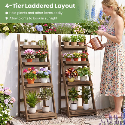 Foldable Plant Stand, 4-Tier Slatted Shelves, Brown