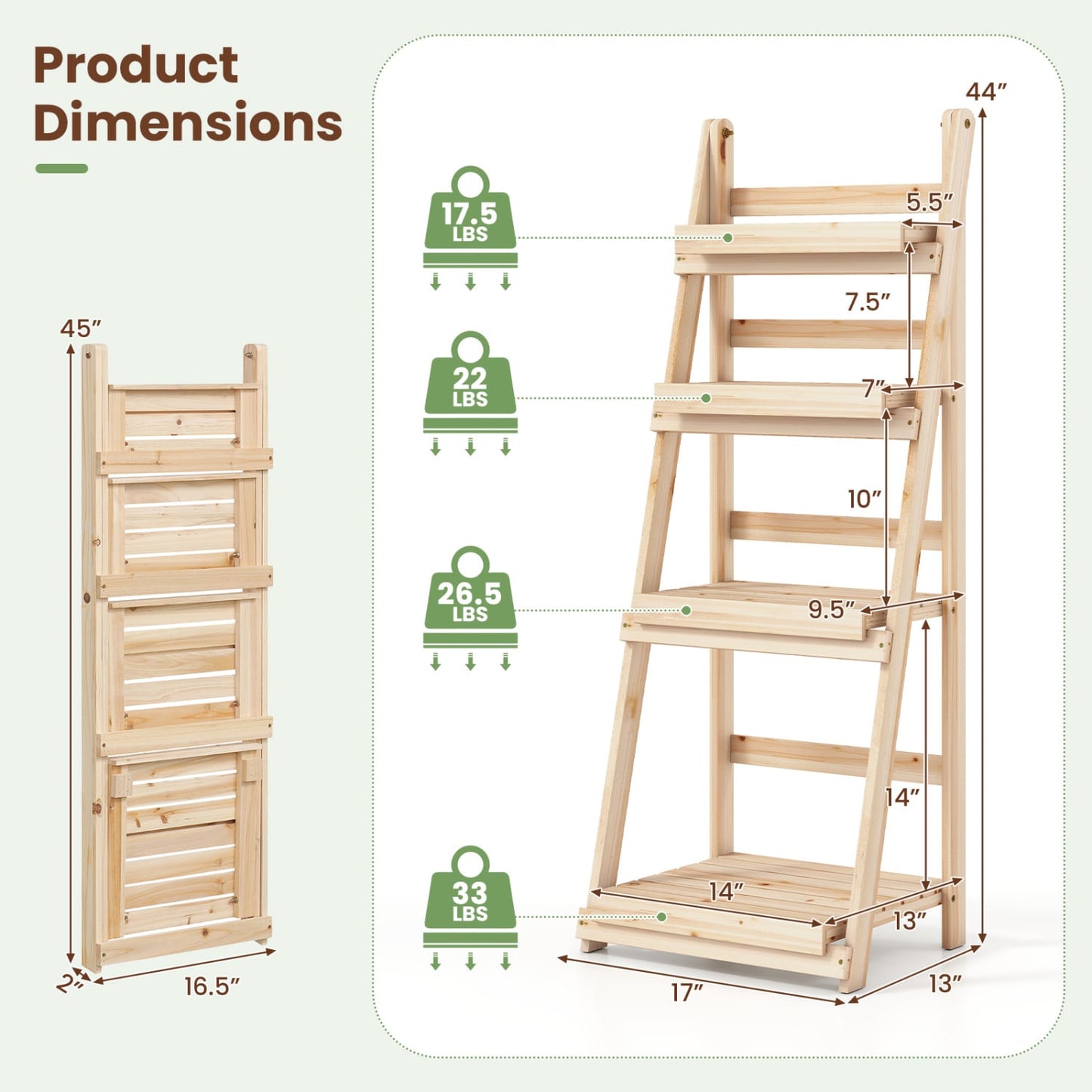 4-Tier Foldable Plant Stand, Garden Slatted Shelves, Natural