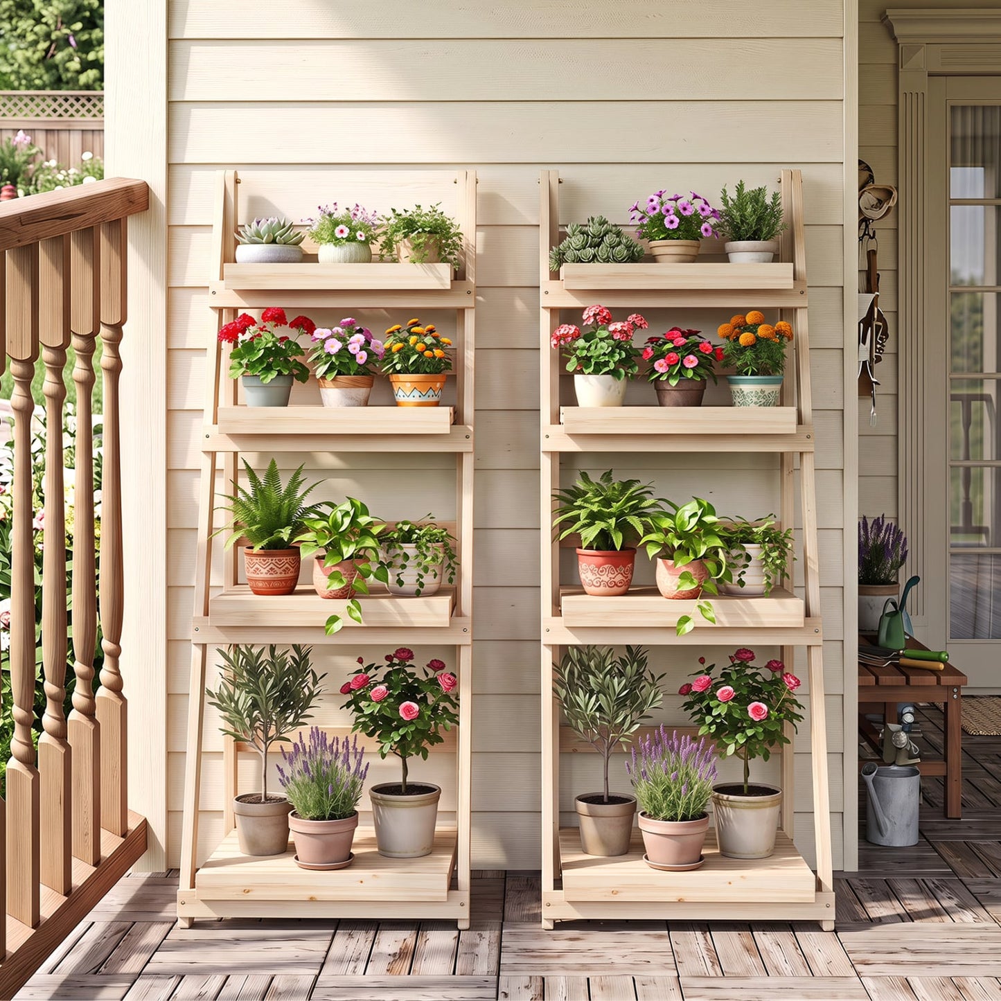 4-Tier Foldable Plant Stand, Garden Slatted Shelves, Natural