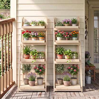 4-Tier Foldable Plant Stand, Garden Slatted Shelves, Natural