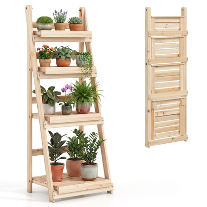 4-Tier Foldable Plant Stand, Garden Slatted Shelves, Natural