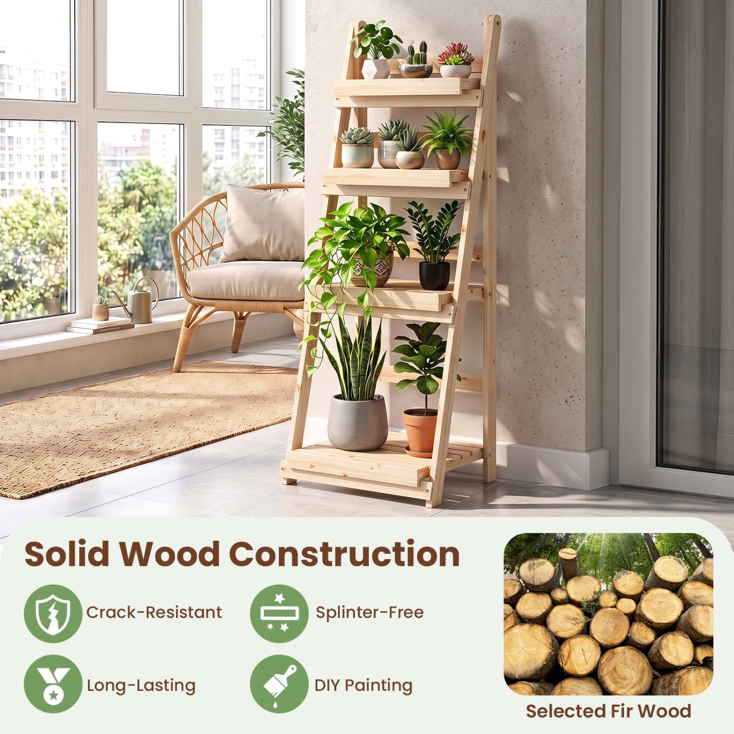 4-Tier Foldable Plant Stand, Garden Slatted Shelves, Natural