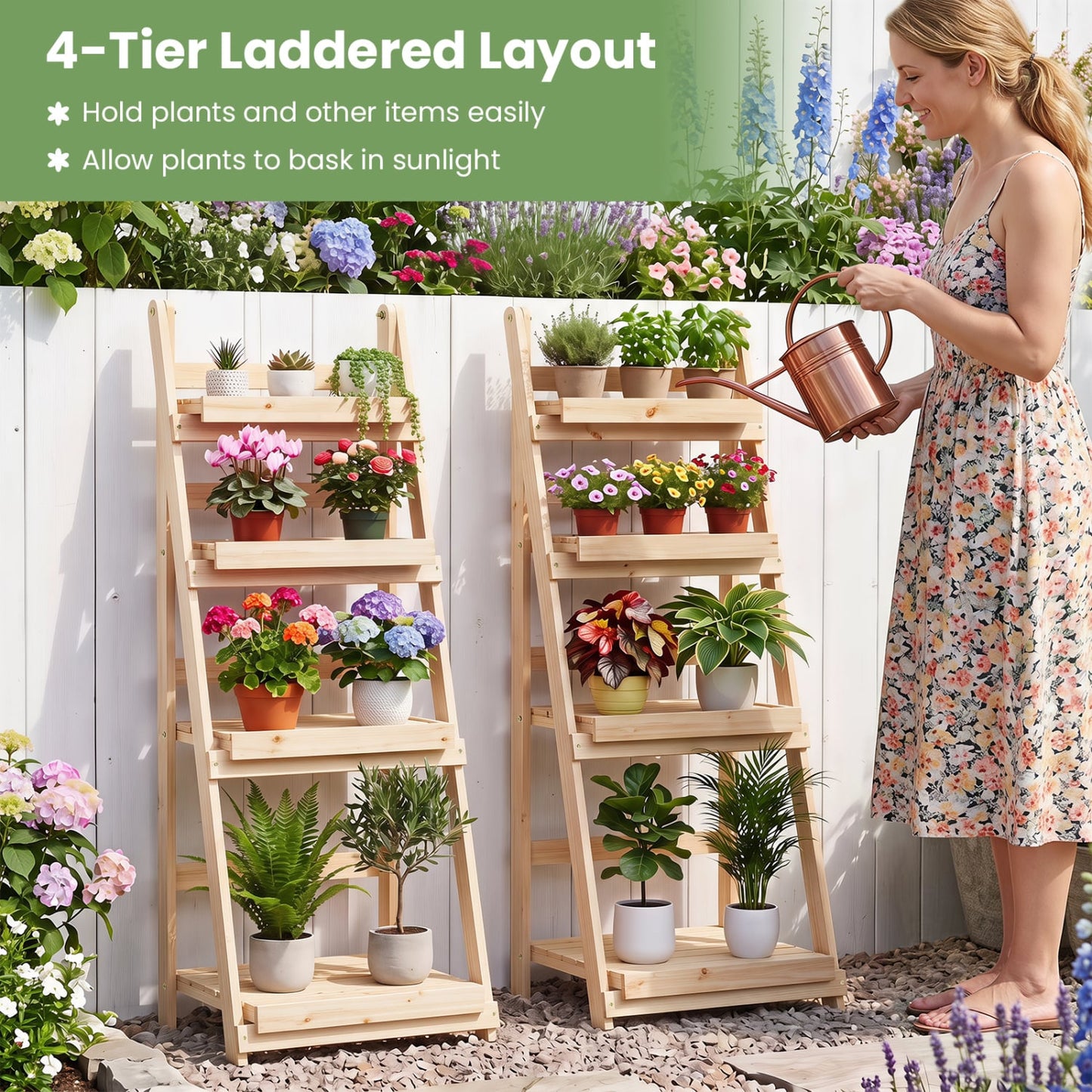 4-Tier Foldable Plant Stand, Garden Slatted Shelves, Natural